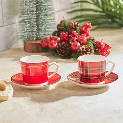 Karaca New Year Christmas Ekose 4-Piece Porcelain Espresso Turkish Coffee Cup for 2 People, 80ml, Multi