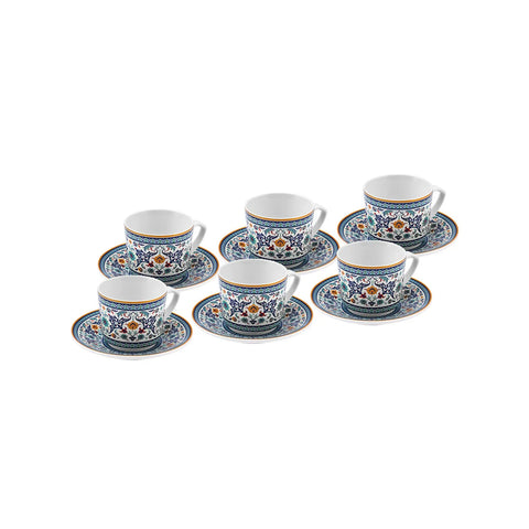 Karaca Beylerbeyi 12-Piece Porcelain Turkish Coffee Cup Set for 6 People, 80ml, White Blue Multi