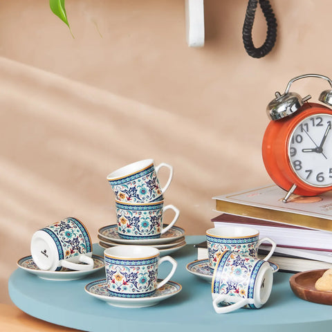 Karaca Beylerbeyi 12-Piece Porcelain Turkish Coffee Cup Set for 6 People, 80ml, White Blue Multi