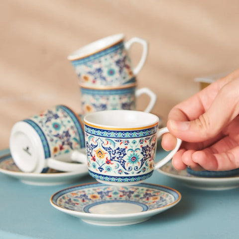 Karaca Beylerbeyi 12-Piece Porcelain Turkish Coffee Cup Set for 6 People, 80ml, White Blue Multi