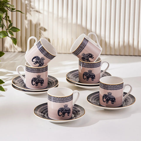 Karaca Elephant 12-Piece Porcelain Espresso Turkish Coffee Cup Set for 6 People, 80ml, Multi