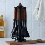 Karaca Woody 6 Piece Kitchen Utensil Set with Stand, Black Brown