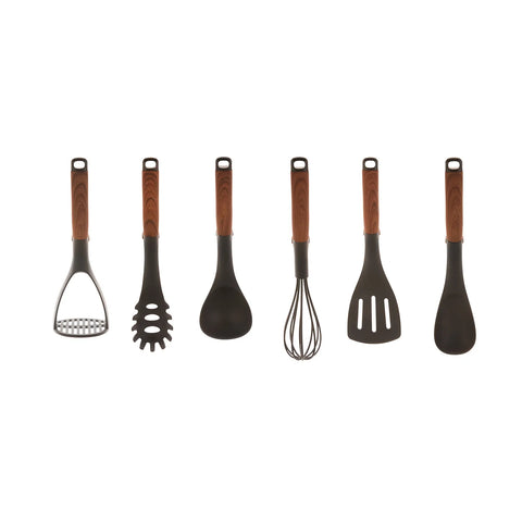 Karaca Woody 6 Piece Kitchen Utensil Set with Stand, Black Brown