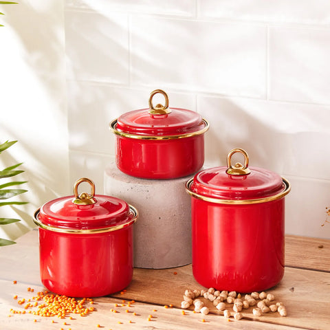 Karaca Retro 3 Piece Storage Jar, Red Gold