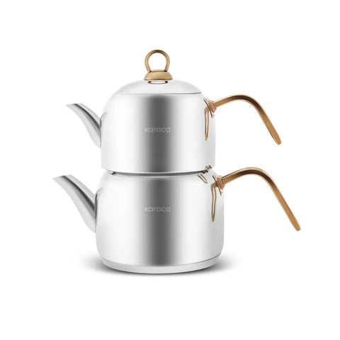 Karaca Urban Stainless Steel Induction Teapot Set, Medium, Silver Gold