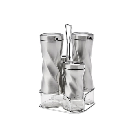 Karaca Tottori 4 Piece Glass Spice Rack Set and Salad Sauce Set with Stand, Inox