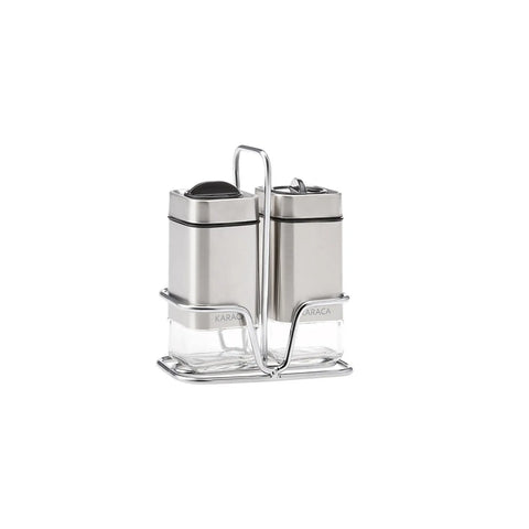 Karaca Avangart 2 Piece Glass Salt and Pepper Shaker with Stand, 100ml, Inox Transparent