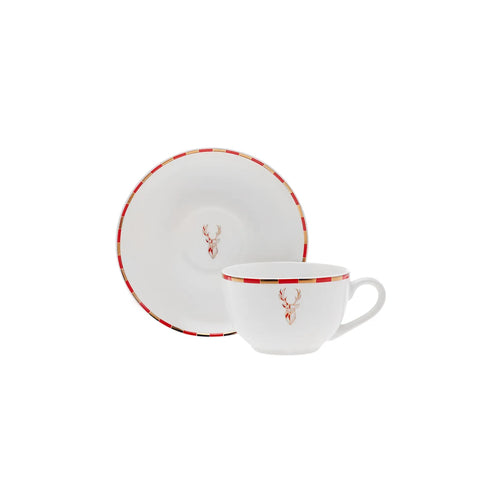 Karaca Aries 2 Piece Porcelain Tea Cup and Saucer, 220ml, Red Multi