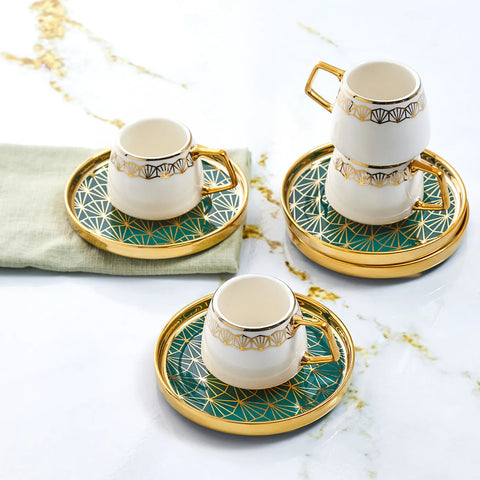 Karaca Verde 12-Piece Porcelain Espresso Turkish Coffee Cup Set for 6 People, 100ml, Multi