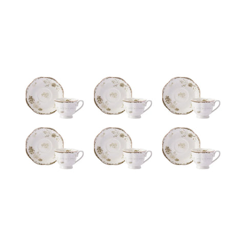 Karaca Antika 12 Piece Porcelain Espresso Turkish Coffee Cup Set for 6 People, 80ml, White Multi