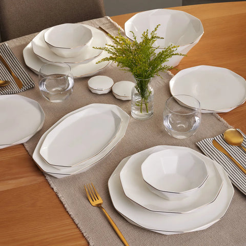 Karaca Streamline Elmas 57-Piece Bone China Dinner Set for 12 People, White Gold