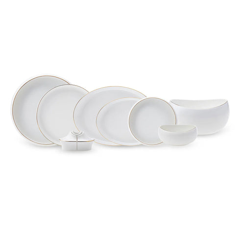 Karaca Red Carpet Collection Streamline Hole 59-Piece Bone China Dinner Set for 12 People, Gold White