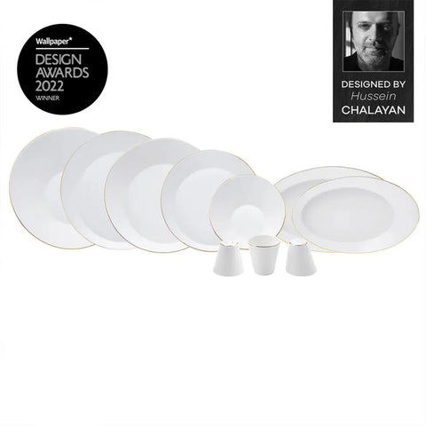 Karaca x Hussein Chalayan Streamline Sun Path 59-Piece Bone China Dinner Set for 12 People, White Platinum