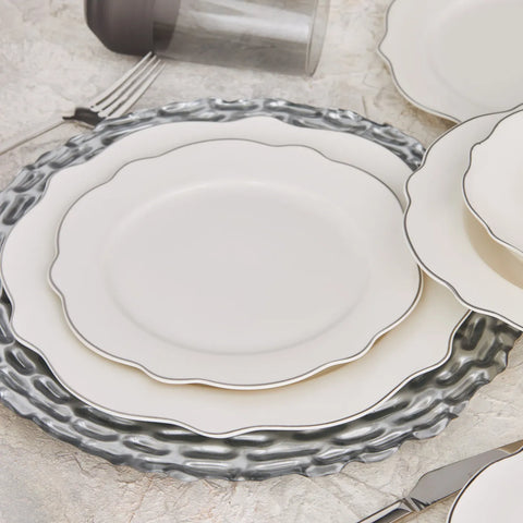 Karaca Almond 24-Piece Porcelain Dinner Set for 6 People, White Platinum