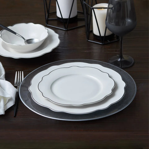 Karaca Daisy 24-Piece New Generation Bone China Dinner Set for 6 People, White Platinum