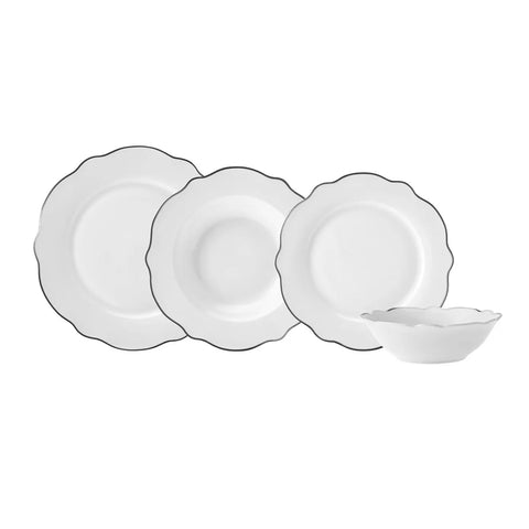 Karaca Daisy 24-Piece New Generation Bone China Dinner Set for 6 People, White Platinum