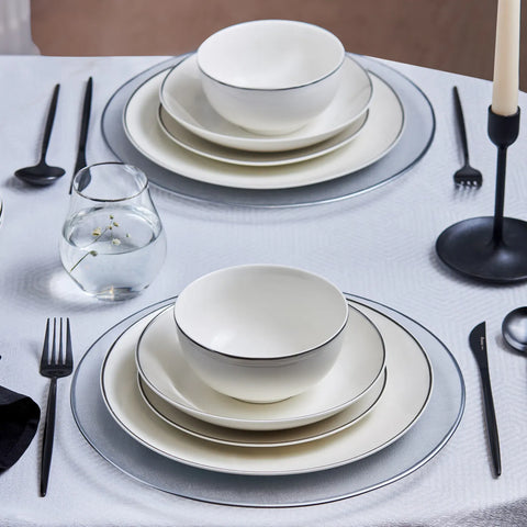 Karaca Leon 24-Piece Porcelain Dinner Set for 6 People, White Platinum