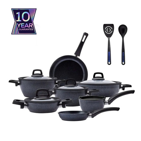 Karaca BioDiamond Powerful 14-Piece Antibacterial Handle Cookware Set with Kitchen Utensil Set, Black