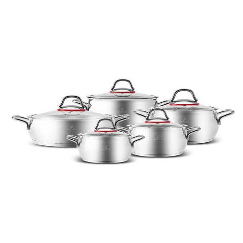 Karaca Emirgan 10-Piece Stainless Steel Induction Cookware Set, Silver Red