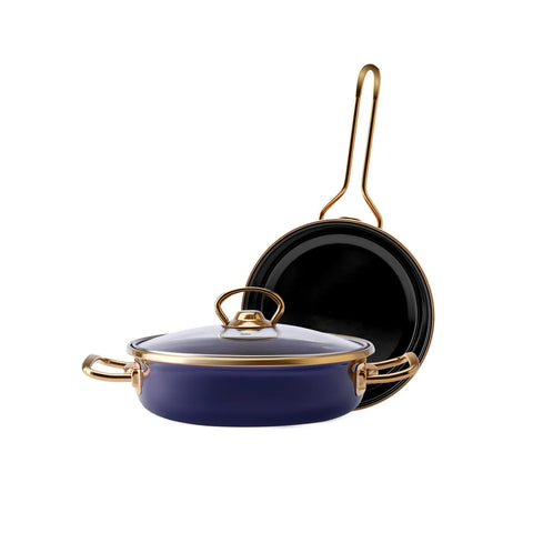 Karaca Piraye Enamel 2-Piece Pan Set, Navy Blue Gold