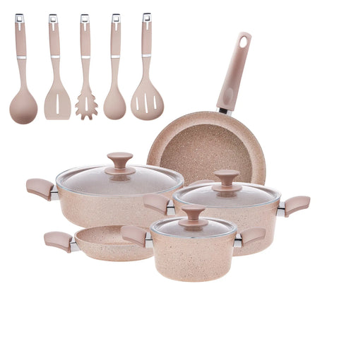 Karaca Rosegold Biogranite 13-Piece Induction Cookware Set with Kitchen Utensil Set, Rose Gold