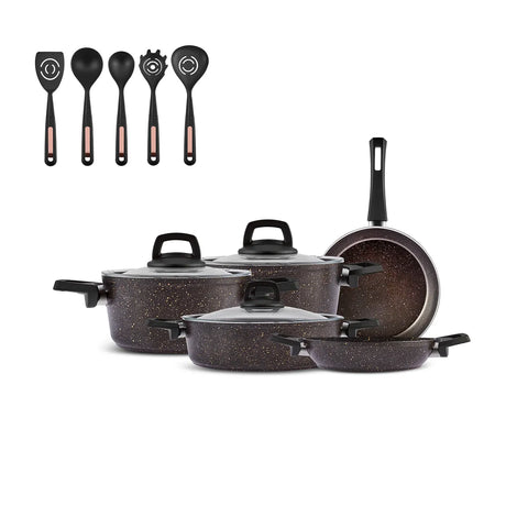 Karaca Blackgold Biogranite 13-Piece Induction Cookware Set with Kitchen Utensil Set, Black Gold