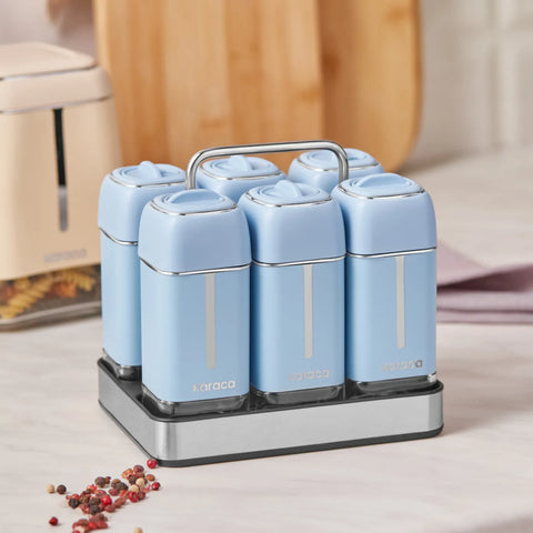 Karaca Horizon 6 Piece Glass Square Spice Grinder Set with Stand, 100ml, Blue