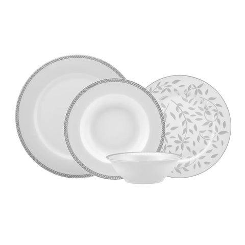 Karaca Roseanne 24-Piece Porcelain Dinner Set for 6 People, White Platinum