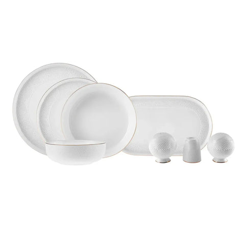 Karaca Streamline Scatola 57-Piece Bone China Dinner Set for 12 People, White Gold