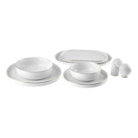 Karaca Streamline Scatola 57-Piece Bone China Dinner Set for 12 People, White Gold