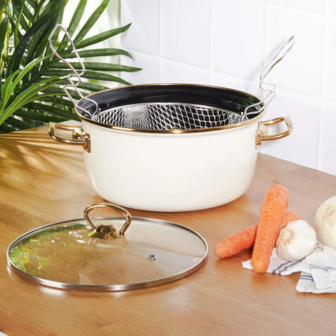 Karaca Love of Kitchen Retro Enamel Induction Frying Pot, 22cm, Cream