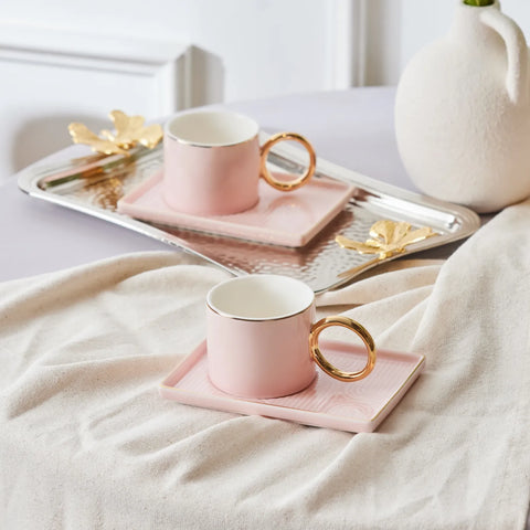 Karaca Soho 4-Piece Bone China Espresso Turkish Coffee Cup Set for 2 People, 80ml, Pink Gold