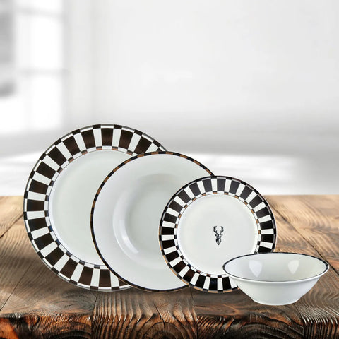 Karaca Aries 24-Piece New Generation Bone China Dinner Set for 6 People, Black White