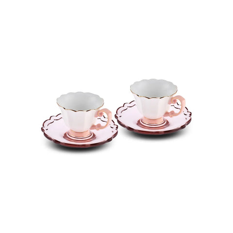 Karaca Samo 4-Piece Bone China Acrylic Plated Espresso Turkish Coffee Cup Set for 2 People, 90ml, Pink Multi