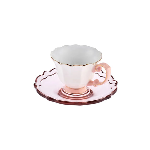 Karaca Samo 4-Piece Bone China Acrylic Plated Espresso Turkish Coffee Cup Set for 2 People, 90ml, Pink Multi