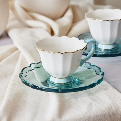 Karaca Samo 4-Piece Bone China Acrylic Plated Espresso Turkish Coffee Cup Set for 2 People, 90ml, Turquoise Multi