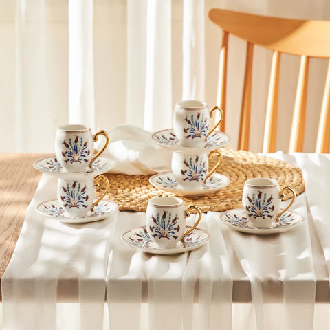 Karaca Finike 12 Piece Porcelain Espresso Turkish Coffee Cup for 6 People, 80ml, White Multi