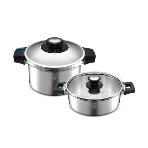 Karaca Quick and Safe 2-Piece Stainless Steel Induction Pressure Cooker Set, 4L+6L, Black Silver