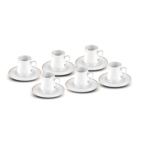 Karaca Runo 12-Piece Porcelain Espresso Turkish Coffee Cup Set for 6 People, 100ml, White Gold