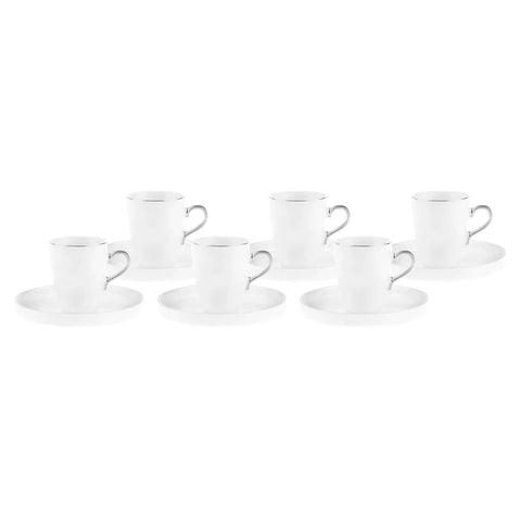 Karaca Pippo 12 Piece Porcelain Espresso Turkish Coffee Cup Set for 6 People, 75ml, White Silver