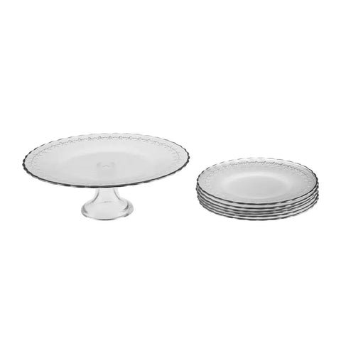 Karaca Firenze 7 Piece Glass Cake Stand with Serveware Set for 6 People, White Platinum