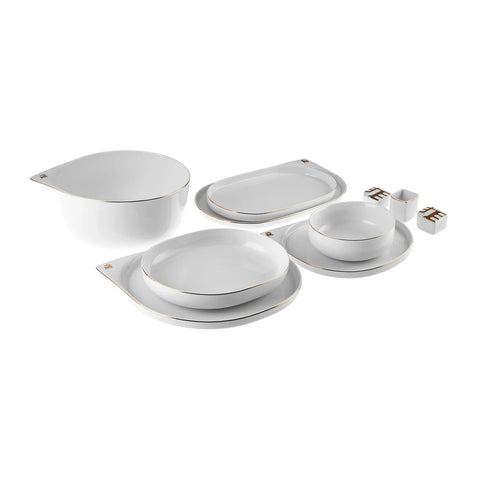 Karaca 50th Anniversary Collection Streamline 59-Piece Bone China Dinner Set for 12 People, White Gold