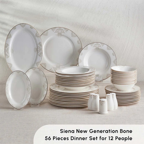 Karaca Siena 56-Piece Bone China Dinner Set for 12 People, Gold White