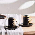 Karaca Şahmeran 4-Piece Porcelain Espresso Turkish Coffee Cup Set for 2 People, 100ml, Black Gold