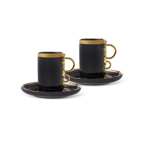 Karaca Şahmeran 4-Piece Porcelain Espresso Turkish Coffee Cup Set for 2 People, 100ml, Black Gold