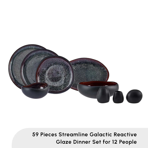 Karaca Red Carpet Collection Streamline 59-Piece Galactic Reactive Glaze Dinner Set for 12 People, Black