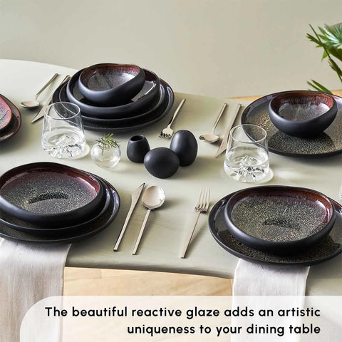 Karaca Red Carpet Collection Streamline 59-Piece Galactic Reactive Glaze Dinner Set for 12 People, Black