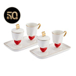 Karaca 50th Anniversary Collection Heart 6-Piece Porcelain Espresso Turkish Coffee Cup Set with Candy Bowl with Lid for 2 People, 60ml, White Gold Red