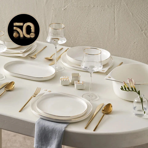 Karaca 50th Anniversary Collection Streamline 59-Piece Bone China Dinner Set for 12 People, White Gold