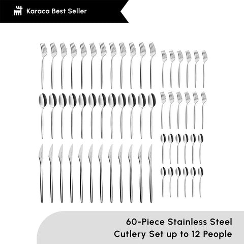 Karaca Lizbon 60-Piece Stainless Steel Cutlery Set for 12 People, Silver